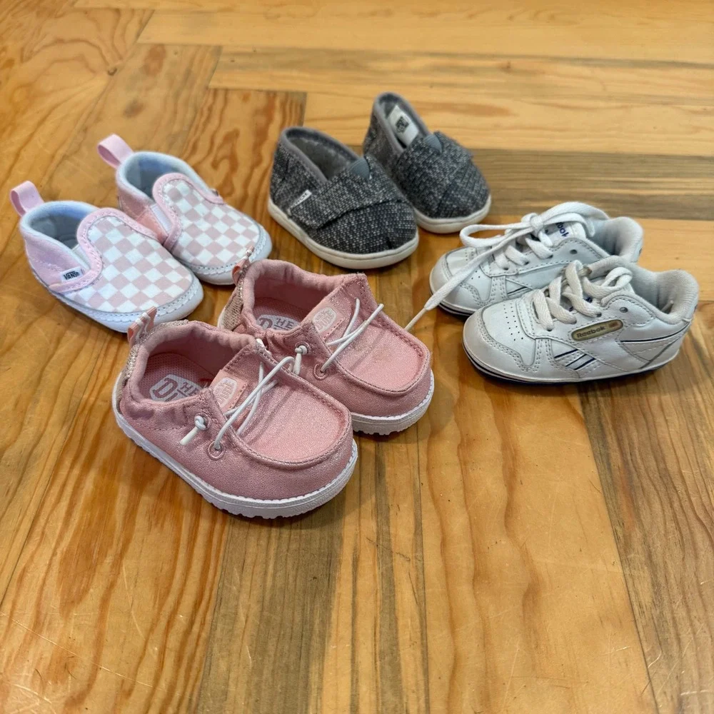Lot of 4 Hey Dude Vans Toms Reebok Pink‎ Sneakers Baby Shoes Sizes 1 And 2
